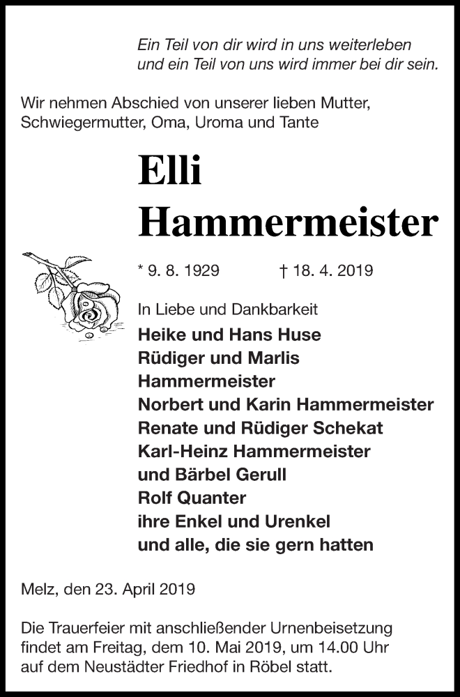 Traueranzeige für Elli Hammermeister vom 26.04.2019 aus Müritz-Zeitung