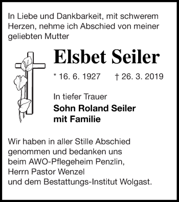 Traueranzeige von Elsbet Seiler von Müritz-Zeitung