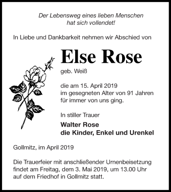 Traueranzeige von Else Rose von Prenzlauer Zeitung