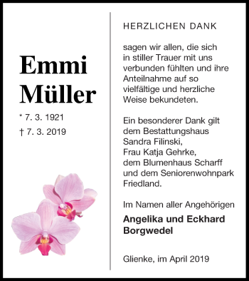 Traueranzeige von Emmi Müller von Neubrandenburger Zeitung