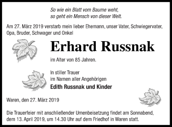 Traueranzeige von Erhard Russnak von Müritz-Zeitung