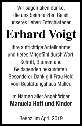 Traueranzeige von Erhard Voigt von Templiner Zeitung