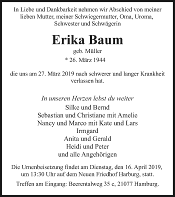 Traueranzeige von Erika Baum von Müritz-Zeitung