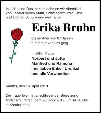 Traueranzeige von Erika Bruhn von Müritz-Zeitung