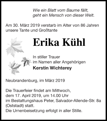 Traueranzeige von Erika Kühl von Neubrandenburger Zeitung