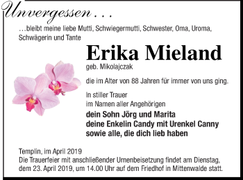 Traueranzeige von Erika Mieland von Templiner Zeitung