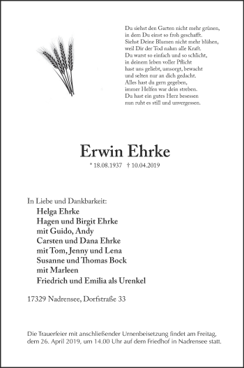 Traueranzeige von Erwin Ehrke von Pasewalker Zeitung