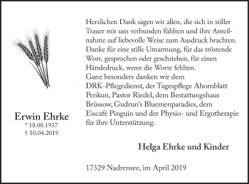 Traueranzeige von Erwin Ehrke von Pasewalker Zeitung