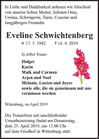 Traueranzeige von Eveline Schwichtenberg von Hagenower Kreisblatt