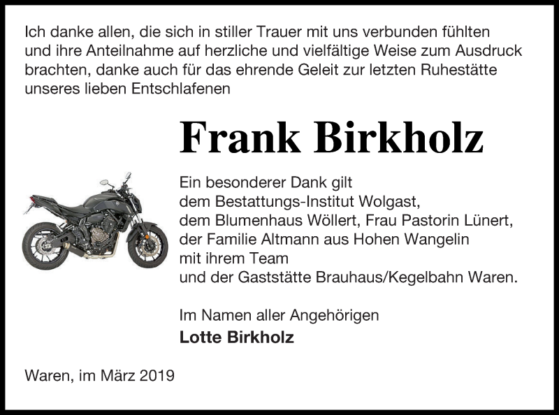  Traueranzeige für Frank Birkholz vom 05.04.2019 aus Müritz-Zeitung