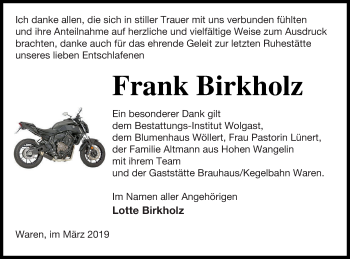 Traueranzeige von Frank Birkholz von Müritz-Zeitung