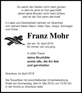 Traueranzeige von Franz Mohr von Neubrandenburger Zeitung