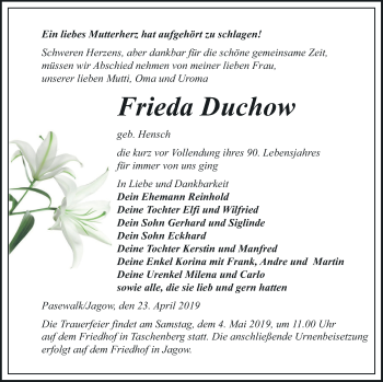 Traueranzeige von Frieda Duchow von Pasewalker Zeitung