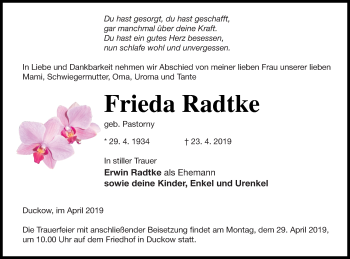 Traueranzeige von Frieda Radtke von Mecklenburger Schweiz