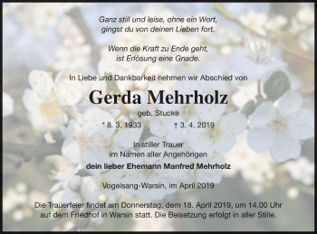 Traueranzeige von Gerda Mehrholz von Haff-Zeitung