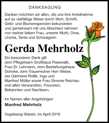 Traueranzeige von Gerda Mehrholz von Haff-Zeitung