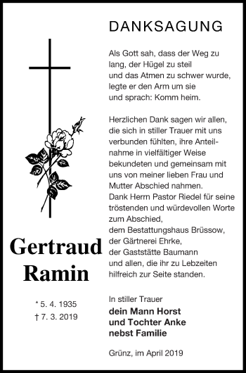 Traueranzeige von Gertraud Ramin von Pasewalker Zeitung