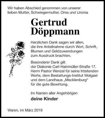 Traueranzeige von Gertrud Döppmann von Müritz-Zeitung
