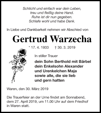 Traueranzeige von Gertrud Warzecha von Müritz-Zeitung