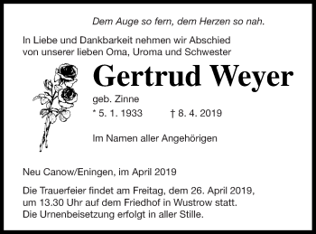 Traueranzeige von Gertrud Weyer von Strelitzer Zeitung