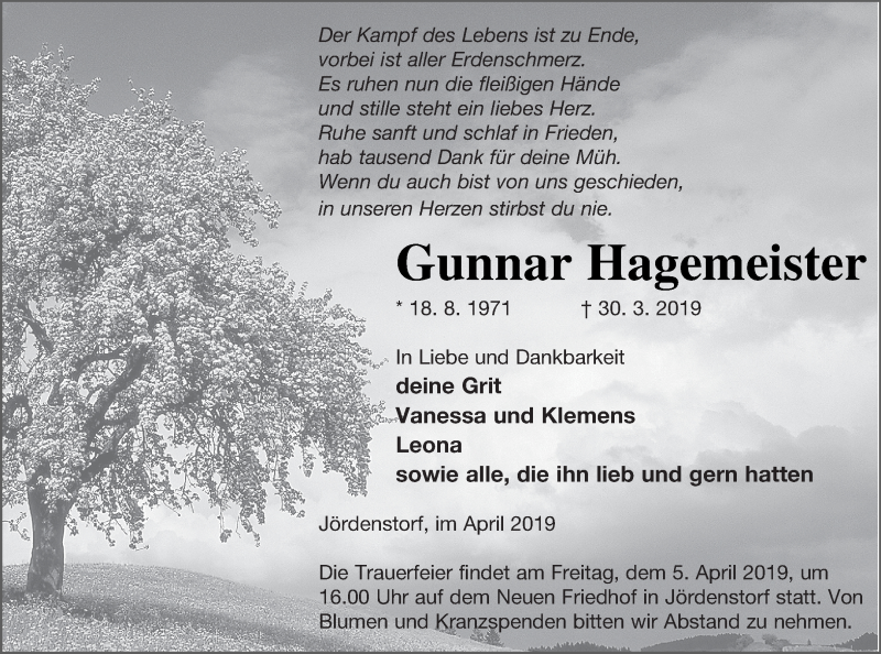  Traueranzeige für Gunnar Hagemeister vom 03.04.2019 aus Mecklenburger Schweiz
