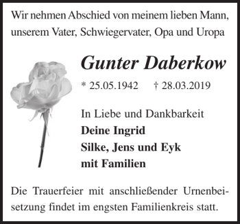 Traueranzeige von Gunter Daberkow von Der Prignitzer