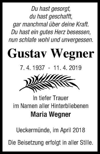 Traueranzeige von Gustav Wegner von Haff-Zeitung