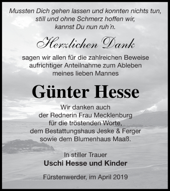 Traueranzeige von Günter Hesse von Prenzlauer Zeitung