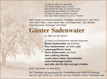 Traueranzeige von Günter Sadenwater von Neubrandenburger Zeitung