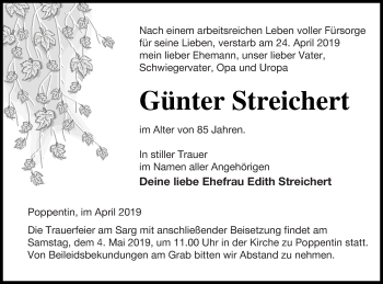 Traueranzeige von Günter Streichert von Müritz-Zeitung