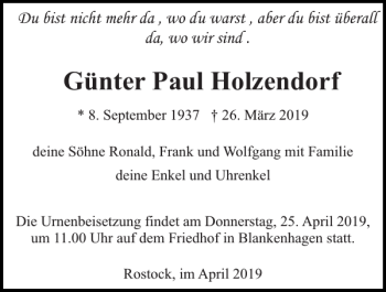 Traueranzeige von Günter Paul Holzendorf von Norddeutsche Neueste Nachrichten