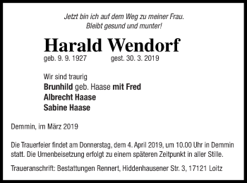 Traueranzeige von Harald Wendorf von Demminer Zeitung