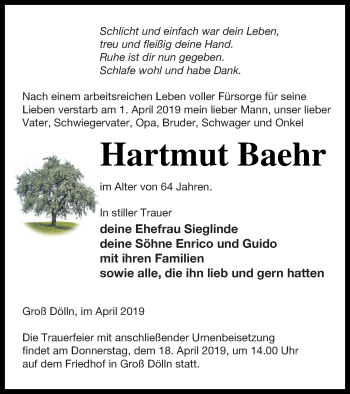 Traueranzeige von Hartmut Baehr von Templiner Zeitung