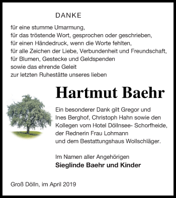 Traueranzeige von Hartmut Baehr von Templiner Zeitung