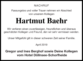 Traueranzeige von Hartmut Baehr von Templiner Zeitung