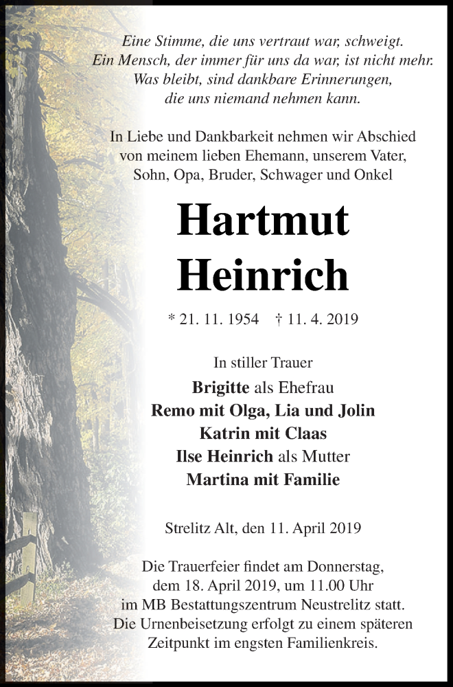  Traueranzeige für Hartmut Heinrich vom 16.04.2019 aus Strelitzer Zeitung