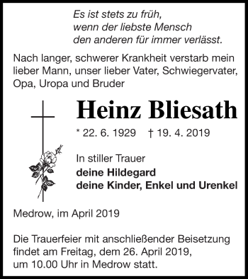 Traueranzeige von Heinz Bliesath von Demminer Zeitung