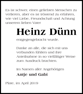 Traueranzeige von Heinz Dünn von Demminer Zeitung