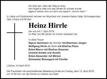 Traueranzeige von Heinz Hirrle von Prenzlauer Zeitung