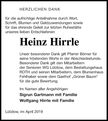 Traueranzeige von Heinz Hirrle von Prenzlauer Zeitung