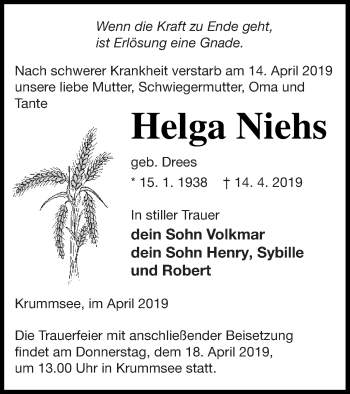 Traueranzeige von Helga Niehs von Mecklenburger Schweiz