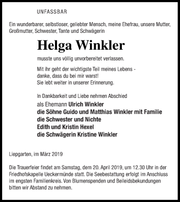 Traueranzeige von Helga Winkler von Haff-Zeitung