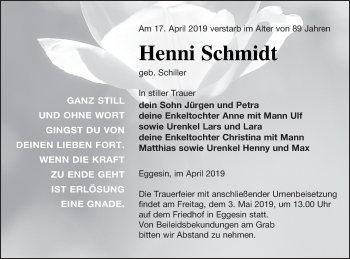 Traueranzeige von Henni Schmidt von Haff-Zeitung