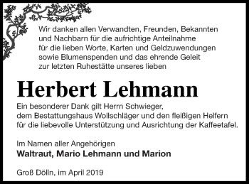 Traueranzeige von Herbert Lehmann von Templiner Zeitung