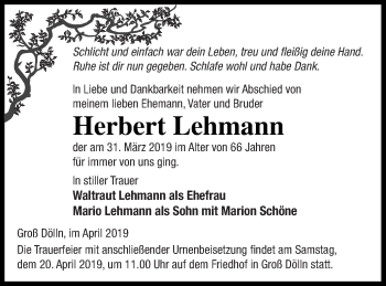 Traueranzeige von Herbert Lehmann von Templiner Zeitung