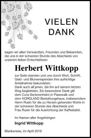 Traueranzeige von Herbert Wittkopp von Pasewalker Zeitung