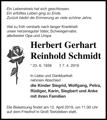 Traueranzeige von Herbert Gerhart Reinhold Schmidt von Demminer Zeitung