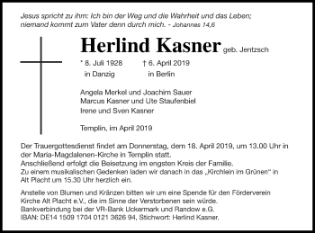 Traueranzeige von Herlind Kasner von Templiner Zeitung