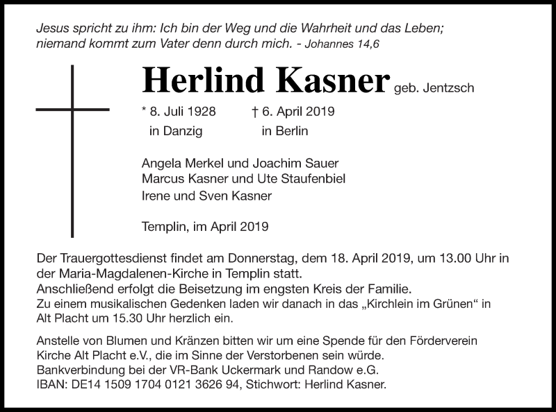  Traueranzeige für Herlind Kasner vom 13.04.2019 aus Templiner Zeitung