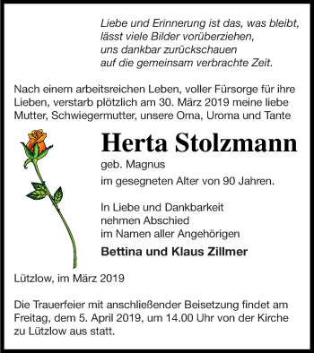 Traueranzeige von Herta Stolzmann von Prenzlauer Zeitung